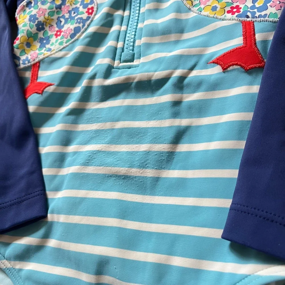 Mini Boden Girls' One-Piece Swimsuit in Aqua Stripe with Navy Puffins